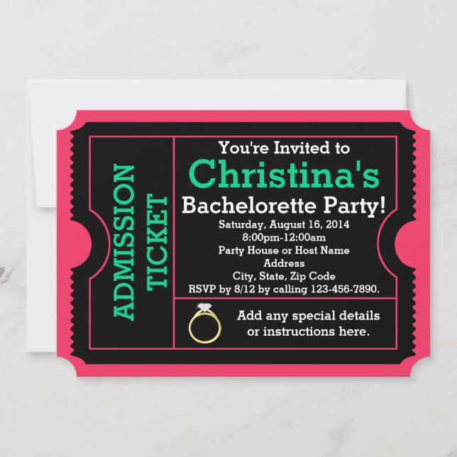 Pink/Teal Bachelorette Party Ticket Invitation (Front)