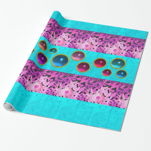 PINK TEAL BLUE DAISY FLOWERS ,COLORFUL GEMSTONES WRAPPING PAPER (Unrolled)