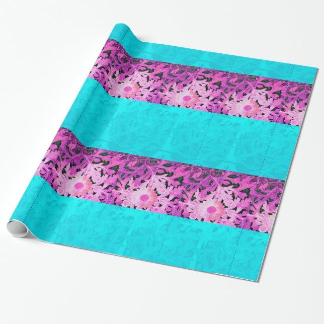 PINK TEAL BLUE DAISY FLOWERS WRAPPING PAPER (Unrolled)