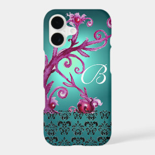 PINK TEAL BLUE FLORAL SWIRLS,BLACK DAMASK MONOGRAM