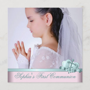 Pink Teal Blue Photo First Communion Invitations