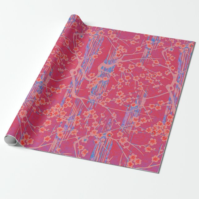 PINK TEAL BLUE SAKURA FLOWERS Japanese Floral  Wrapping Paper (Unrolled)