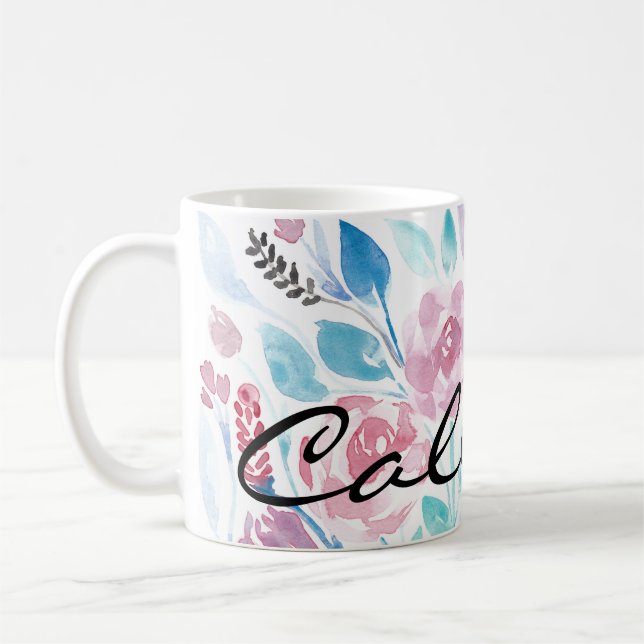 Pink Teal Blue Spring Watercolor Flowers Monogram Coffee Mug (Left)