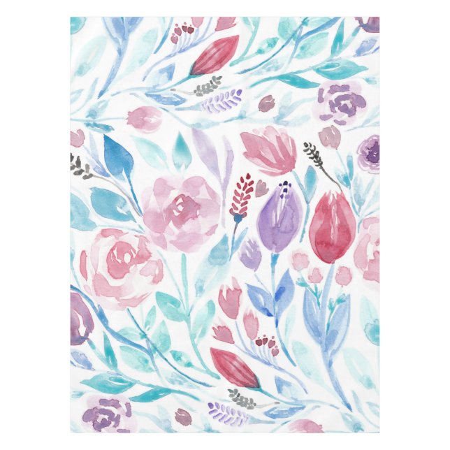 Pink Teal Blue Spring Watercolor Flowers Pattern Tablecloth (Front)