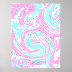 Pink, Teal Blue Swirled Marble Fluid Art  Poster