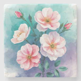 Pink Teal Blue Wild Roses In Watercolor Stone Coaster