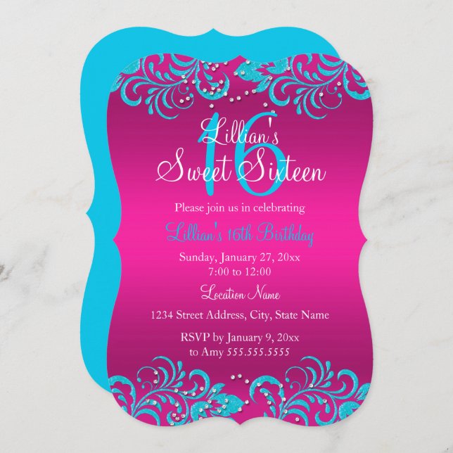Pink & Teal Bright Floral Swirl Sweet 16 Invite (Front/Back)