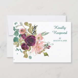 Pink Teal Burgundy Floral Wedding RSVP Card