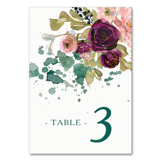 Pink Teal Burgundy Floral Wedding Table Number (Front)