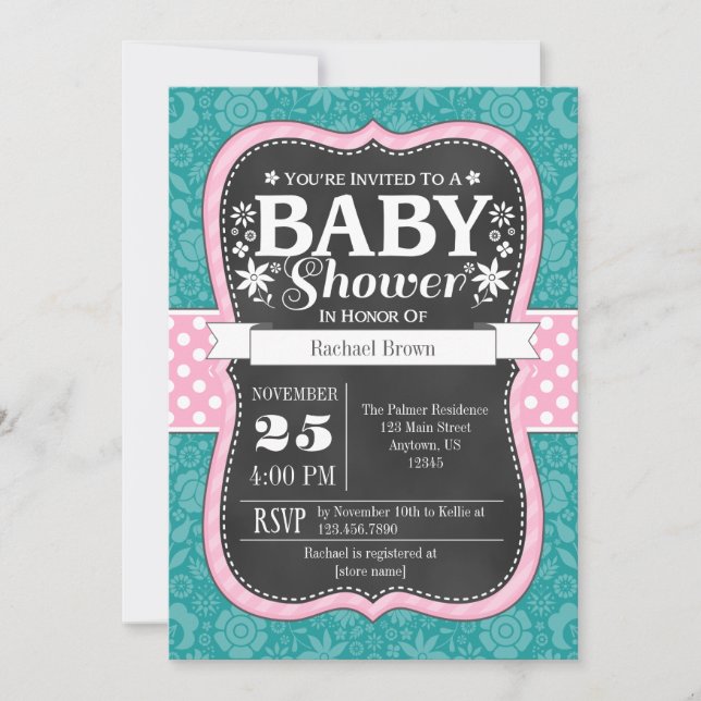 Pink Teal Chalkboard Floral Baby Shower Invite (Front)