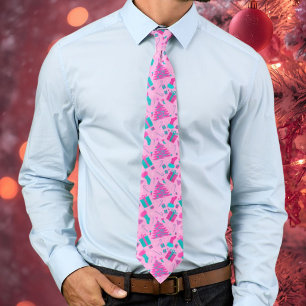 Pink Teal Christmas treecandy cane presents Tie