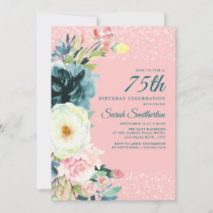 Pink Teal Cream Floral 75th Birthday Invitation
