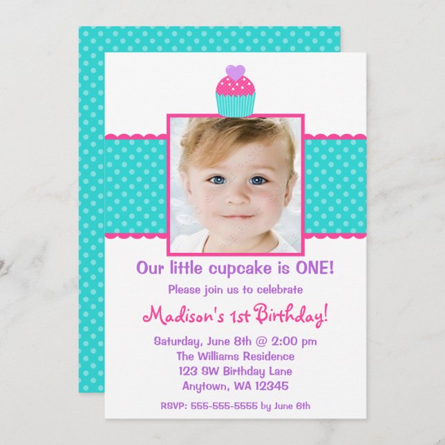 Pink Teal Cupcake 1st Birthday Girl Photo Invitation (Front/Back)