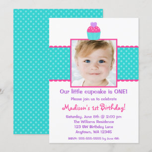 Pink Teal Cupcake 1st Birthday Girl Photo Invitation