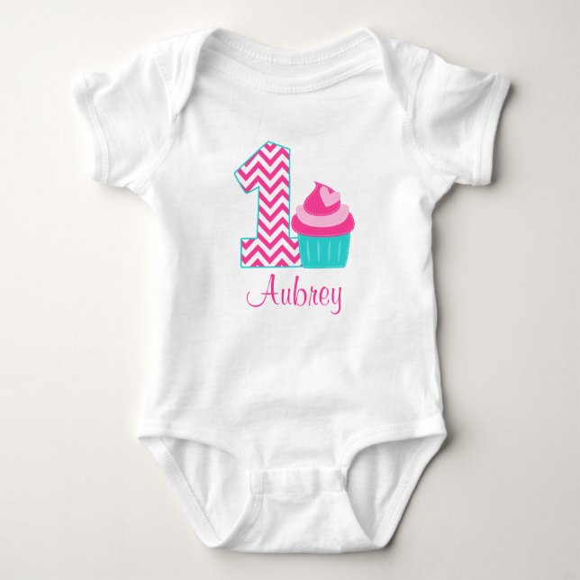 Pink Teal Cupcake 1st Birthday Personalised Baby Bodysuit (Front)