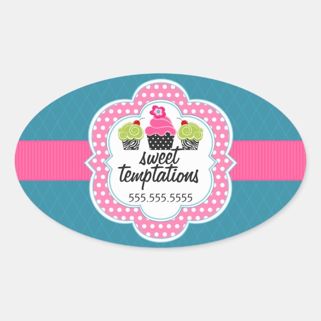 Pink Teal Cupcake Bakery Business Oval Sticker (Front)