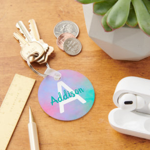 Pink Teal Custom Name Soft Fading Colour Watercolo Key Ring