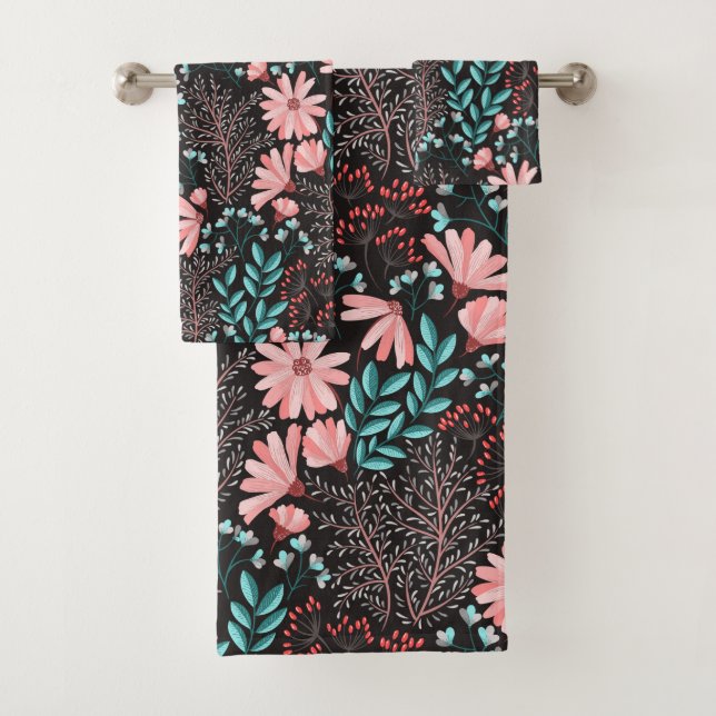 Pink & Teal Dark Floral Pattern Bath Towel Set (Insitu)