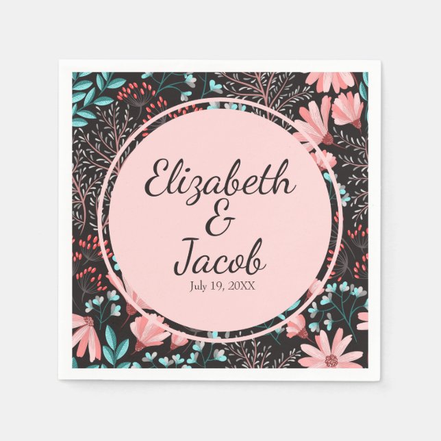 Pink & Teal Dark Floral Pattern Napkin (Front)
