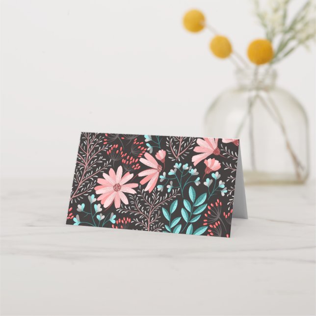Pink & Teal Dark Floral Pattern Place Card (Front)