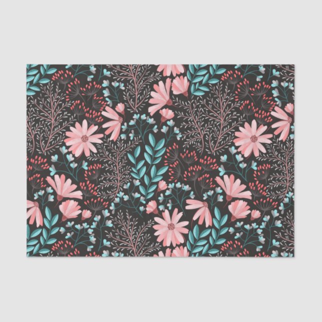 Pink & Teal Dark Floral Pattern Tissue Paper (Front)