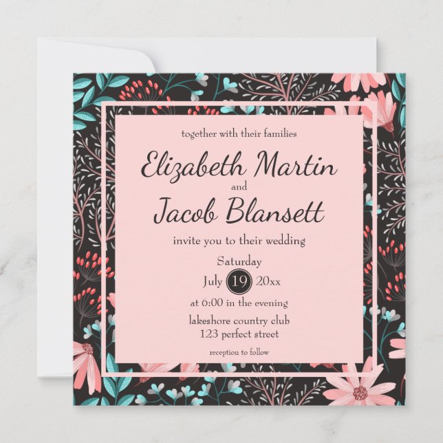 Pink & Teal Dark Floral Pattern Wedding Invitation (Front)