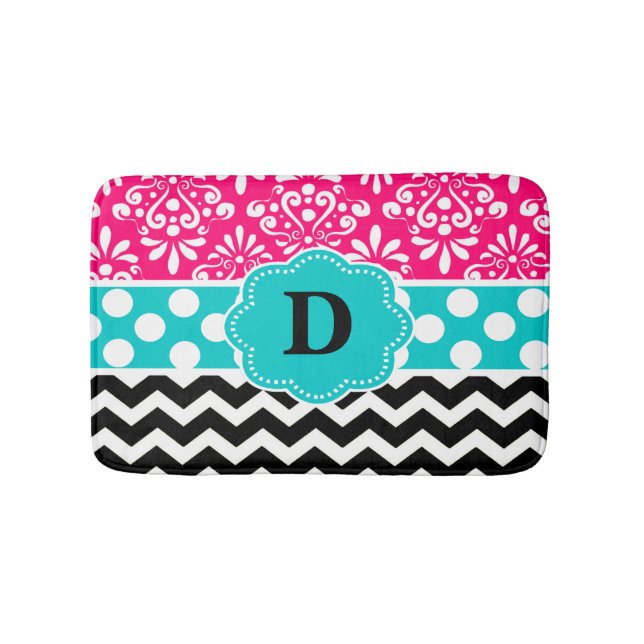 Pink Teal Dots Chevron Monogram Bathmat (Front)