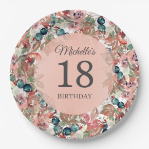 Pink Teal Floral 18th Birthday Paper Plate