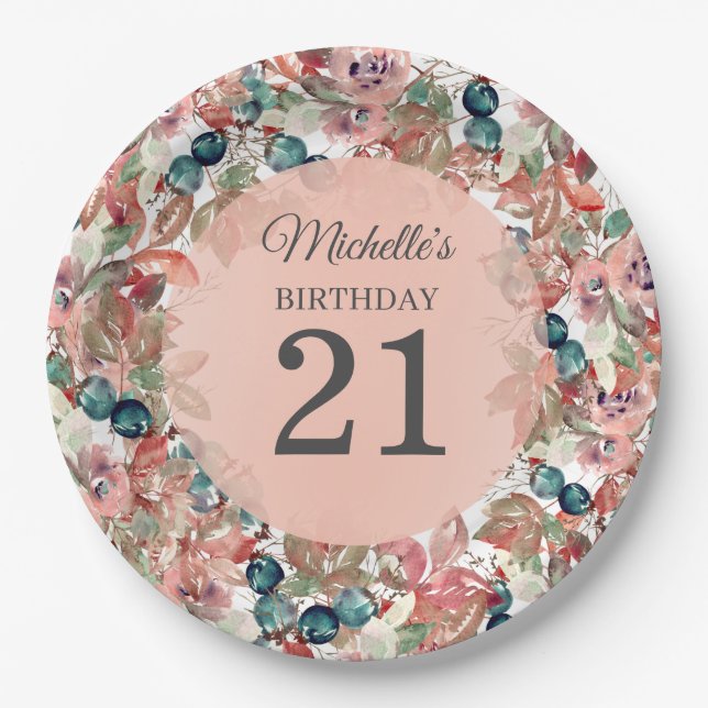 Pink Teal Floral 21st Birthday Paper Plate (Front)