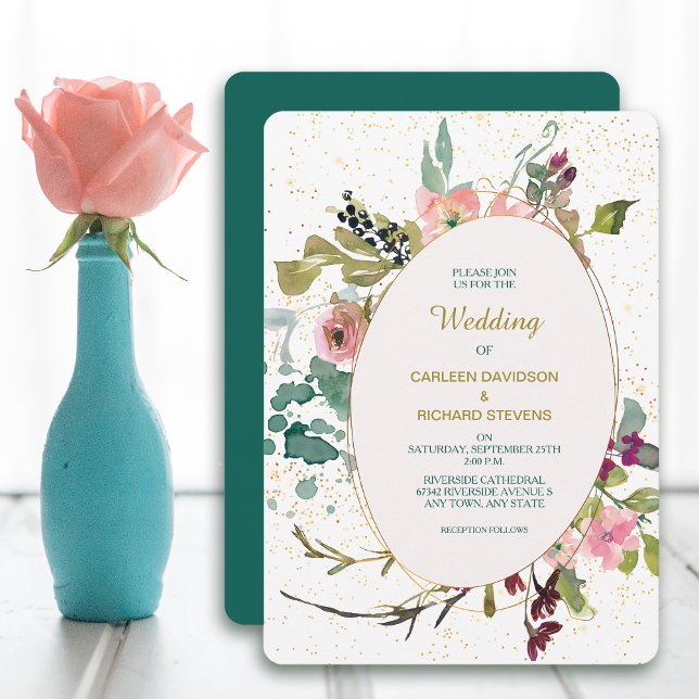 Pink Teal Floral and Gold Oval Frame Wedding Invitation (Creator Uploaded)