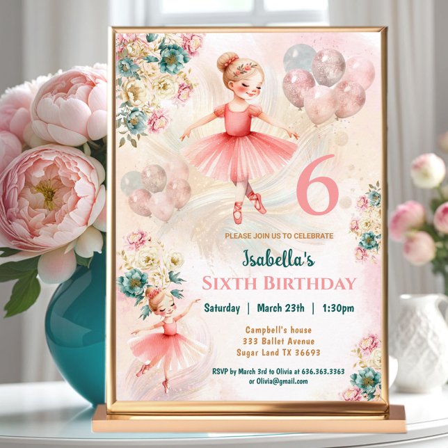 Pink Teal Floral Blonde Ballerina Girl Birthday Invitation (Pink Teal Floral Blond Ballerina Girl Birthday Invitation)