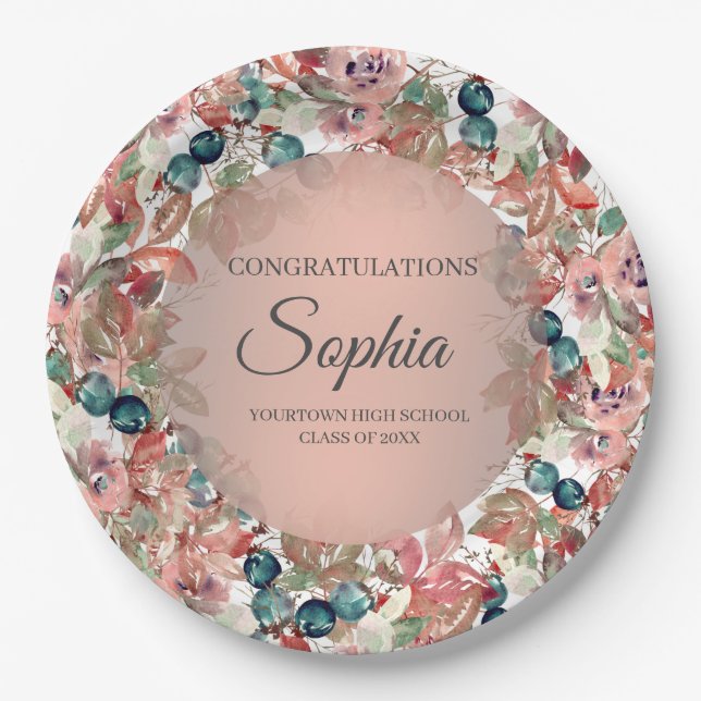 Pink Teal Floral Graduation Congratulations Paper Plate (Front)