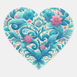 Pink & Teal Floral Heart Sticker