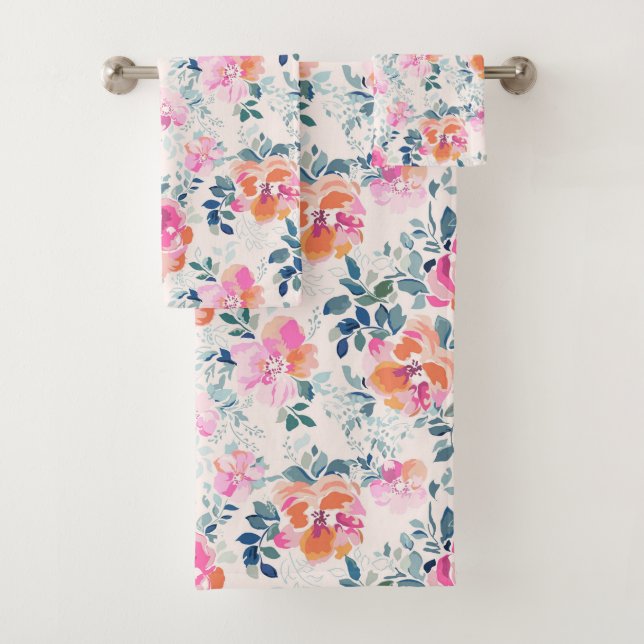 Pink & Teal Floral Pattern Bath Towel Set (Insitu)