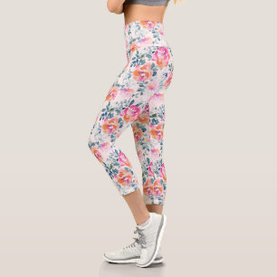 Pink & Teal Floral Pattern Capri Leggings