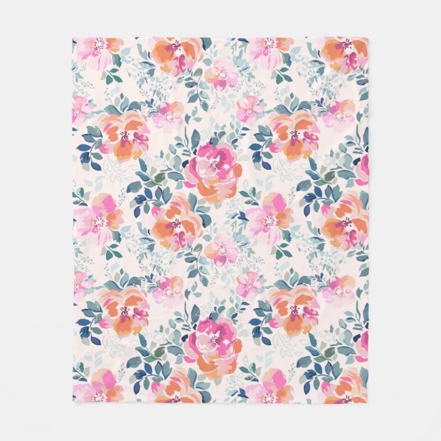 Pink & Teal Floral Pattern Fleece Blanket (Front)