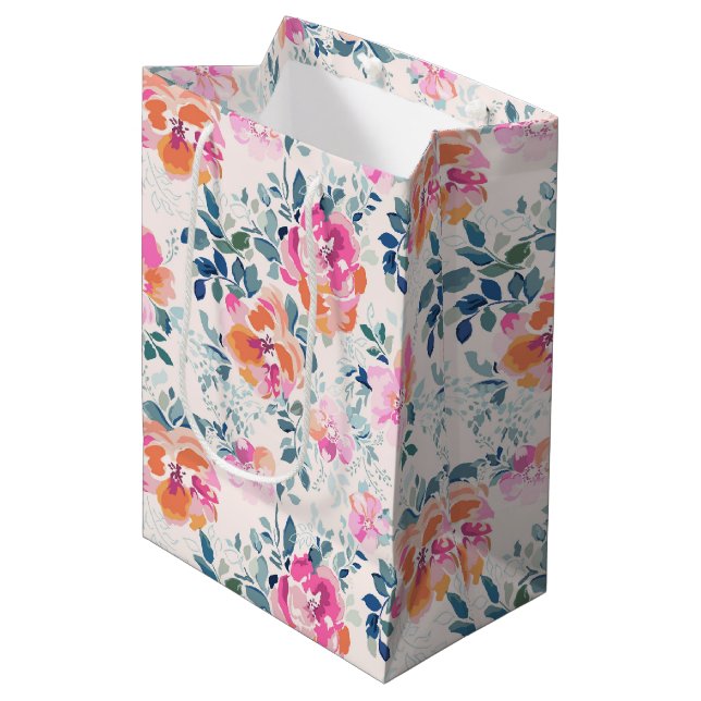 Pink & Teal Floral Pattern Medium Gift Bag (Front Angled)
