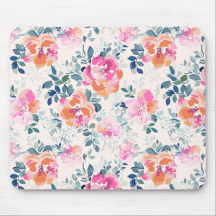 Pink & Teal Floral Pattern Mouse Pad