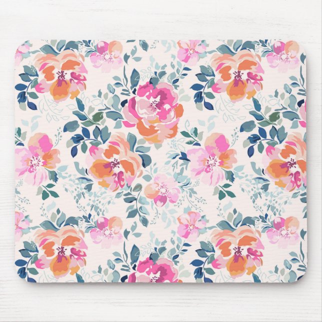 Pink & Teal Floral Pattern Mouse Pad (Front)