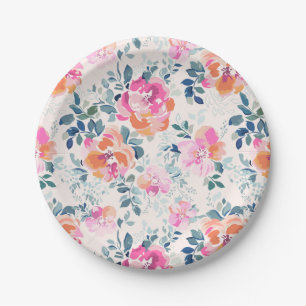 Pink & Teal Floral Pattern Paper Plate