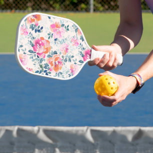 Pink & Teal Floral Pattern Pickleball Paddle