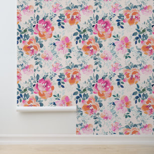Pink & Teal Floral Pattern Wallpaper
