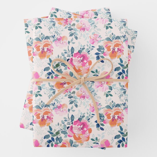 Pink & Teal Floral Pattern Wrapping Paper Sheet (In situ)