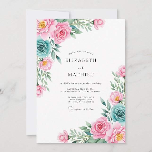Pink Teal Floral Romance Wedding Invitation (Front)
