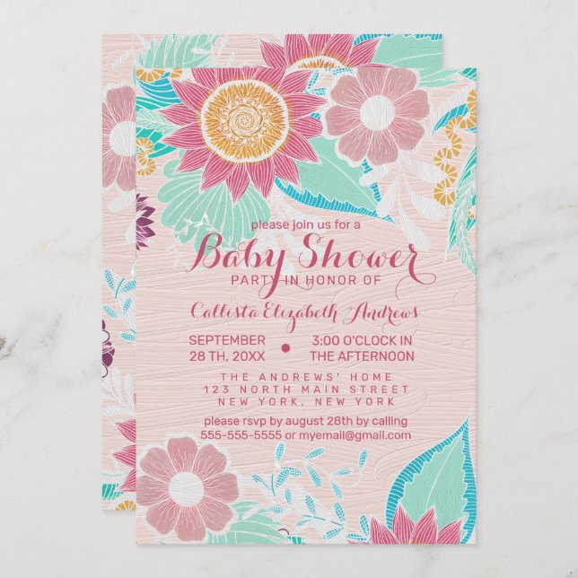 Pink Teal Flowers Leaves Oil Painted Baby Shower Invitation (Front/Back)