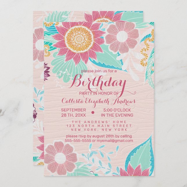 Pink Teal Flowers Leaves Oil Painted Birthday Invitation (Front/Back)