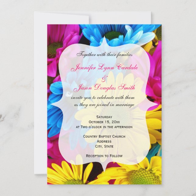 Pink Teal Gerber Daisy Flowers Wedding Invitations (Front)