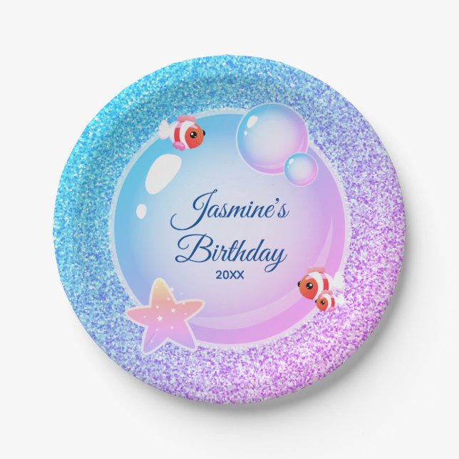 Pink Teal Glitter Girly Mermaid Birthday Party  Paper Plate (Front)