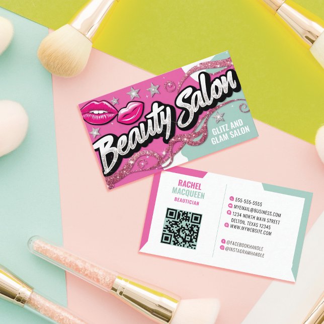 Pink Teal Glitter Retro Pop Art Beauty Salon  Business Card (Creator Uploaded)