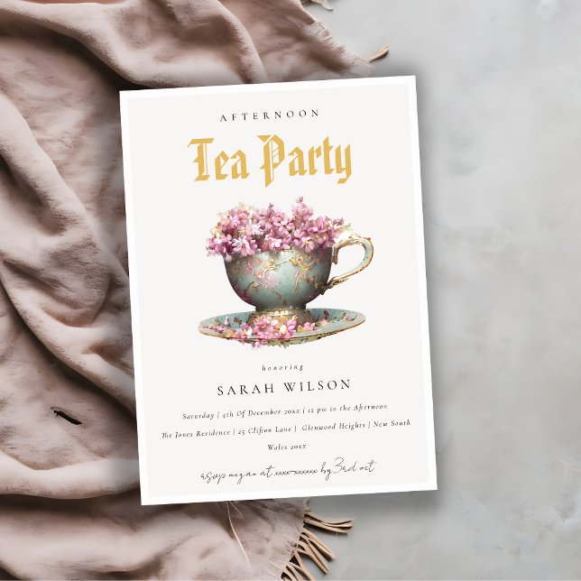 Pink Teal Gold Floral Teacup Afternoon Tea Party  Invitation (Creator Uploaded)